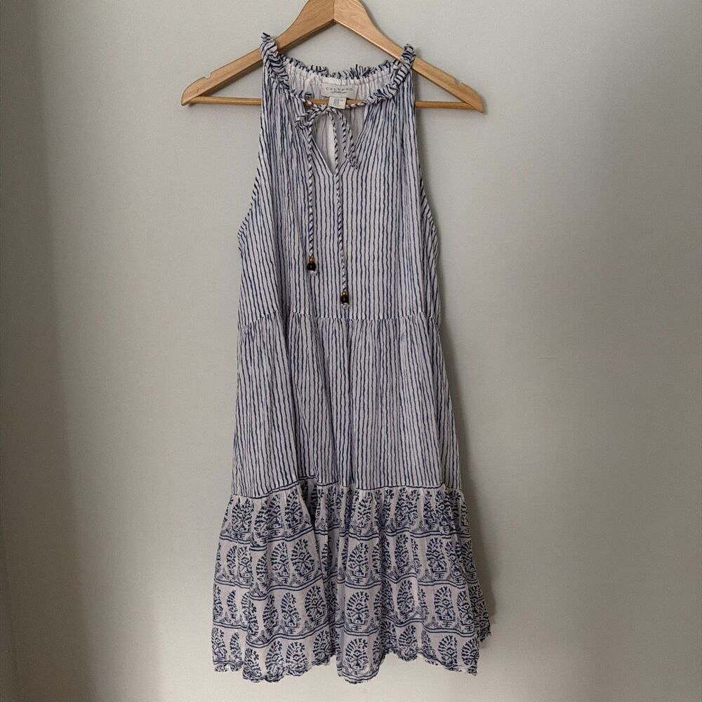Calypso St. Barth Nautical Striped Cotton Tiered Dress Block Print Blue White XL